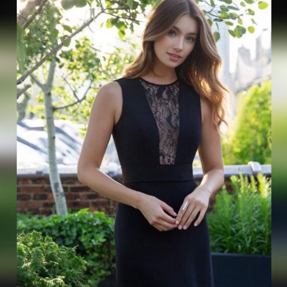 Hayley Paige Occasions Black Lace Inset Chiffon Gown‎ Open Back Dress Size 10